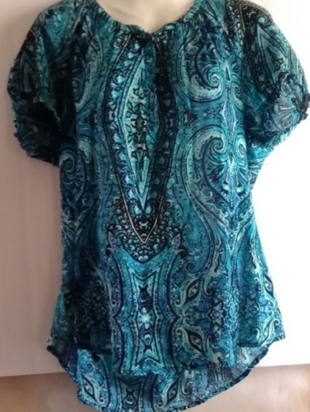 Women's Teal Paisley Short-Sleeve Lightweight Silky Soft Blouse